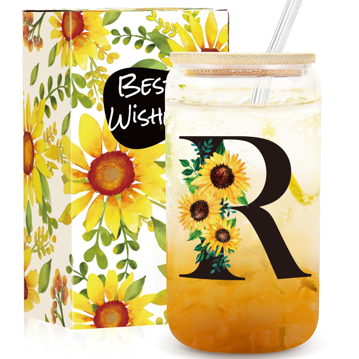 Frerdui Birthday Gifts for Women, Initial Glass Cups w Lids and Straws, Sunflower Gift for Women, Personalized Gift, 16oz Glass Tumbler Cups W/Straw