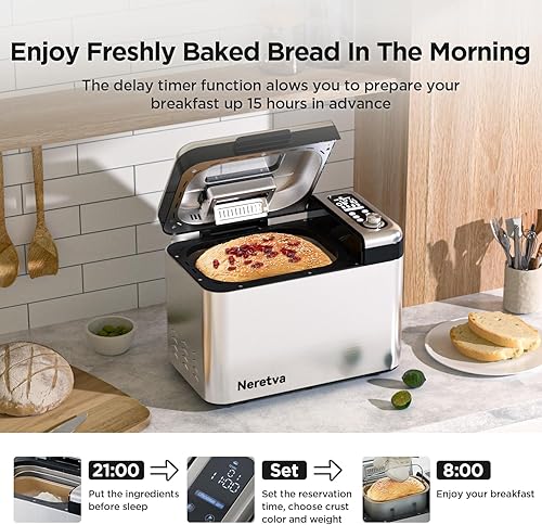 Miniatura 5 de Neretva Máquina para hacer pan, 20 en 1 2 libras automática con ajuste de masa madre de pizza sin gluten, digital, programable, 1 hora de mantener