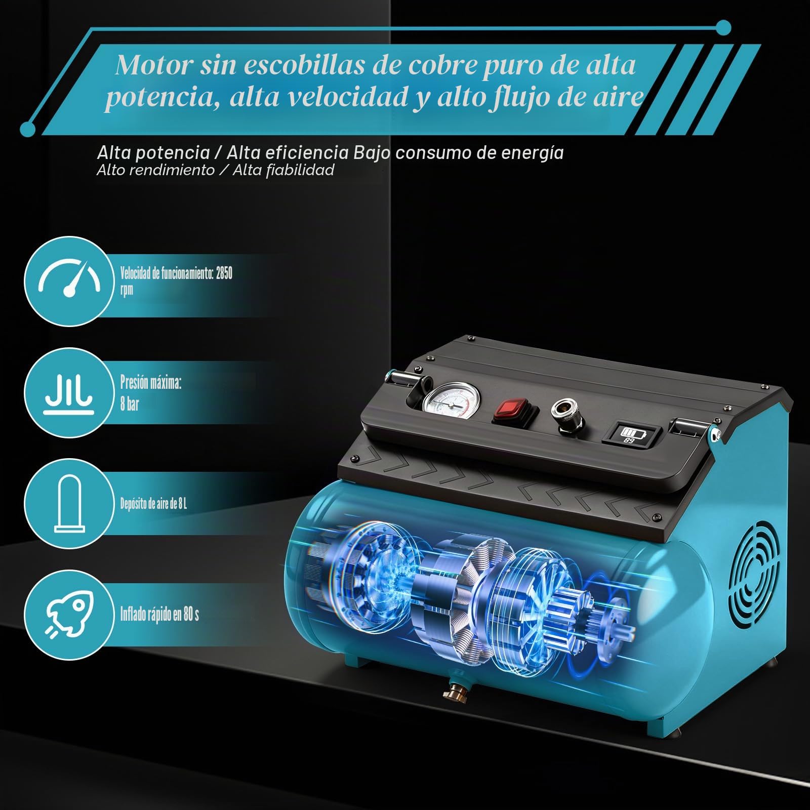 Compresor de Aire Inalámbrico Compatible con Makita 18V, Compresor Portátil 8L 8 Bar con Indicador de Batería, Motor Brushless e Inflado Rápido (Sin Batería)