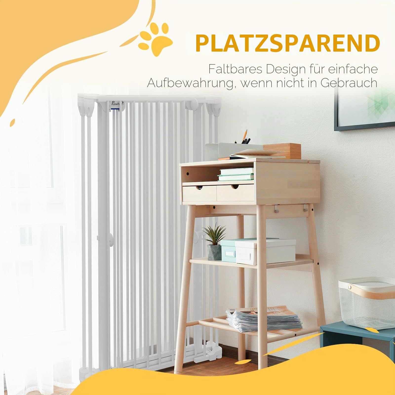 PawHut Sicherheitsgitter für Hunde, aus Stahl, 3 Paneele, faltbar, mit Doppelverriegelung und integrierter Tür, für Tür und Treppe, 206 x 120 cm, Weiß