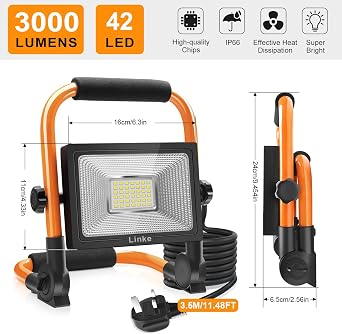 Linke 35W LED Work Light, 3000LM Job Site Portable Plug-in Floodlight | Construction Lights IP66 Waterproof Outdoor Mains Powered 6500K Cold White for Workshop Garage Garden [Energy Class F]