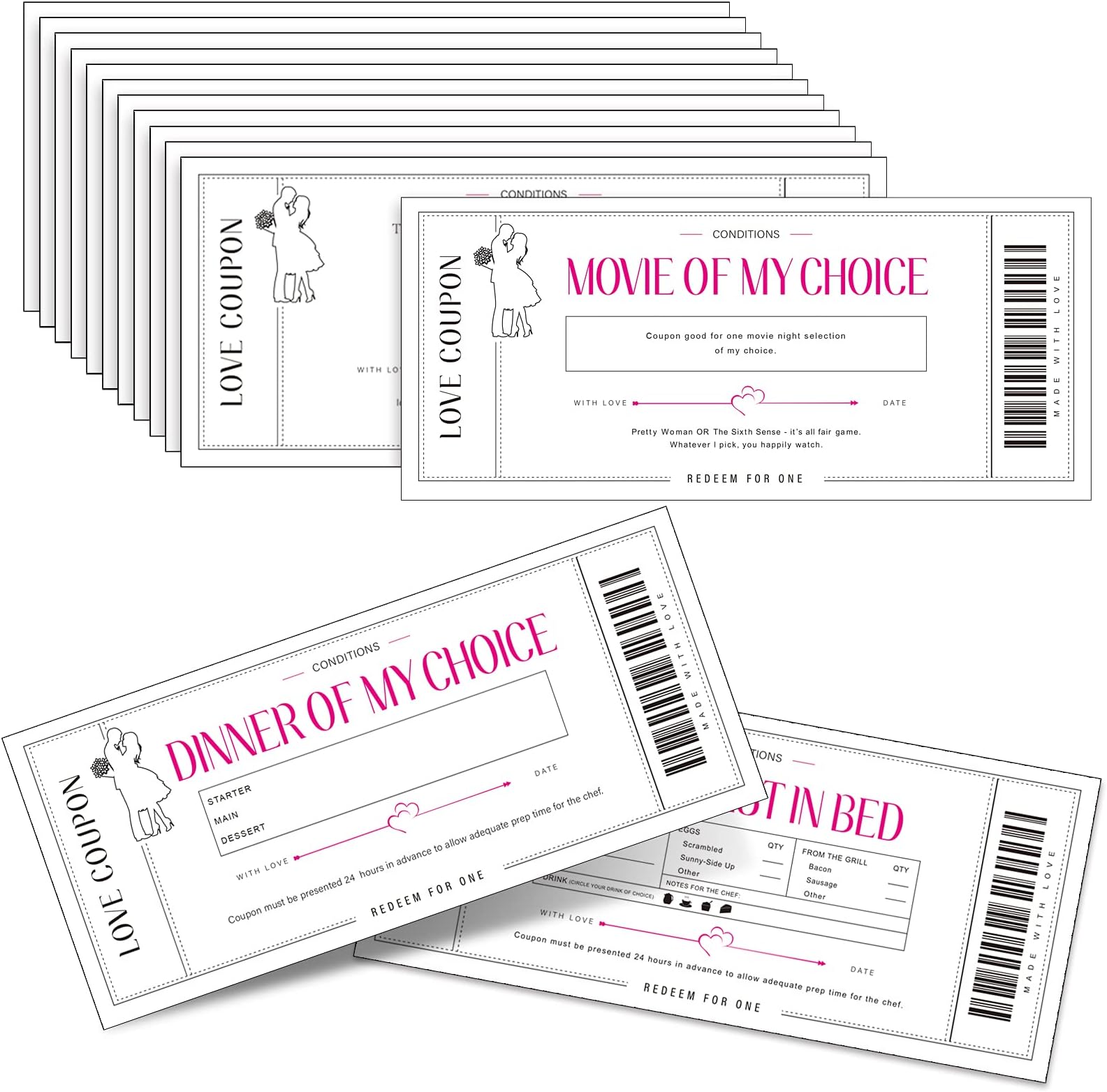 Zonon 20 Pieces Love Coupon Cards Bulk for Her, Couples Coupon Book for Him Husband, Wife, Boyfriend, Girlfriend Romantic Gift for Valentines, Wedding, Anniversary, Birthday(White)