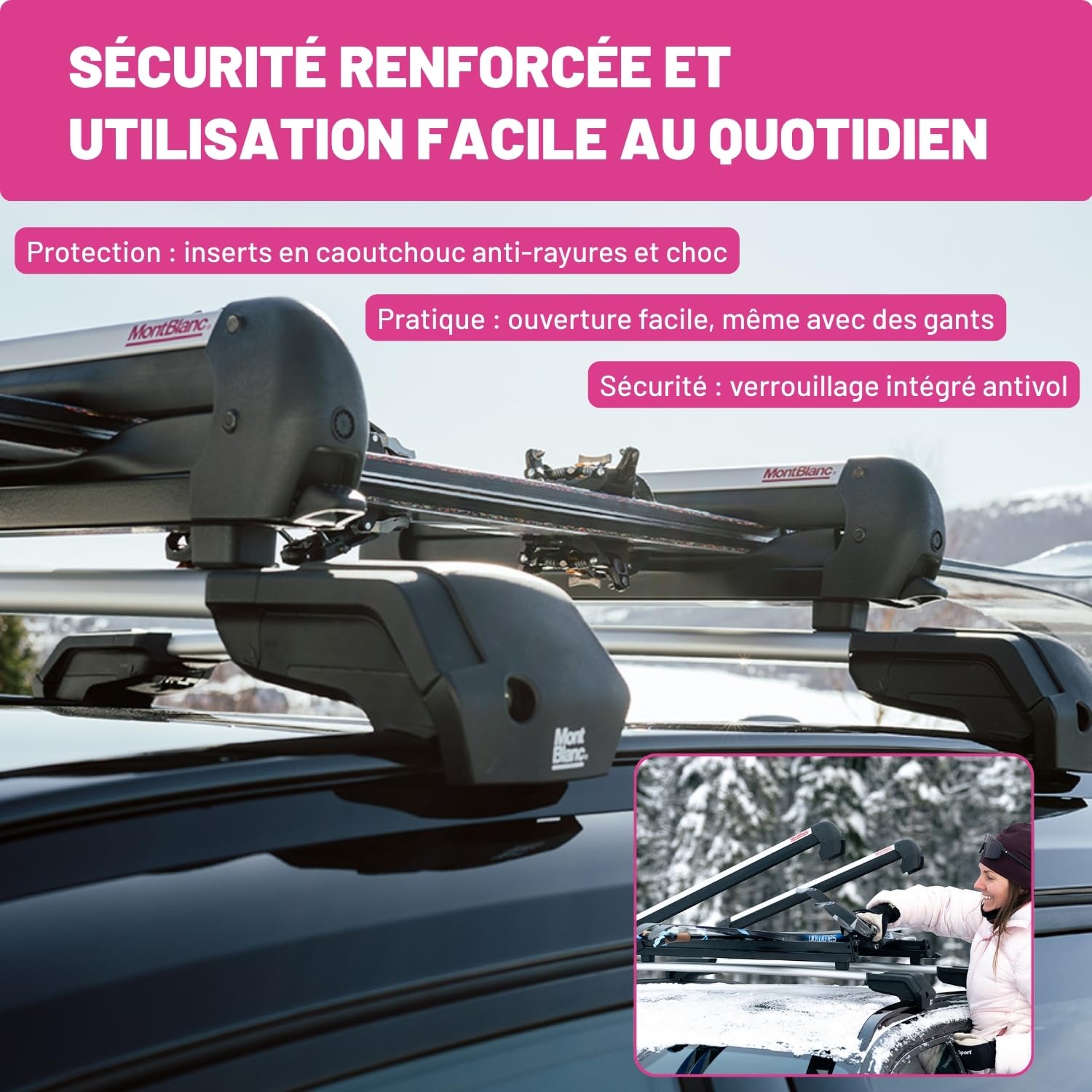 Mont Blanc Porte-Skis Crest sur Barres de Toit - 6 Paires de Skis | Porte-skis sur barres de toit : jusqu'à 6 paires de skis ou 4 snowboards. Verrouillage intégré, norme ISO 11154.