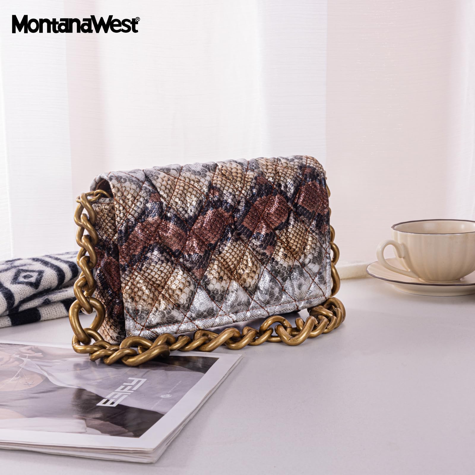 Montana West Quilted Small Shoulder Bag for Women Y2K Trendy Cute Clutch Underarm Purse with 2 Removable Straps: Snake Print Brown