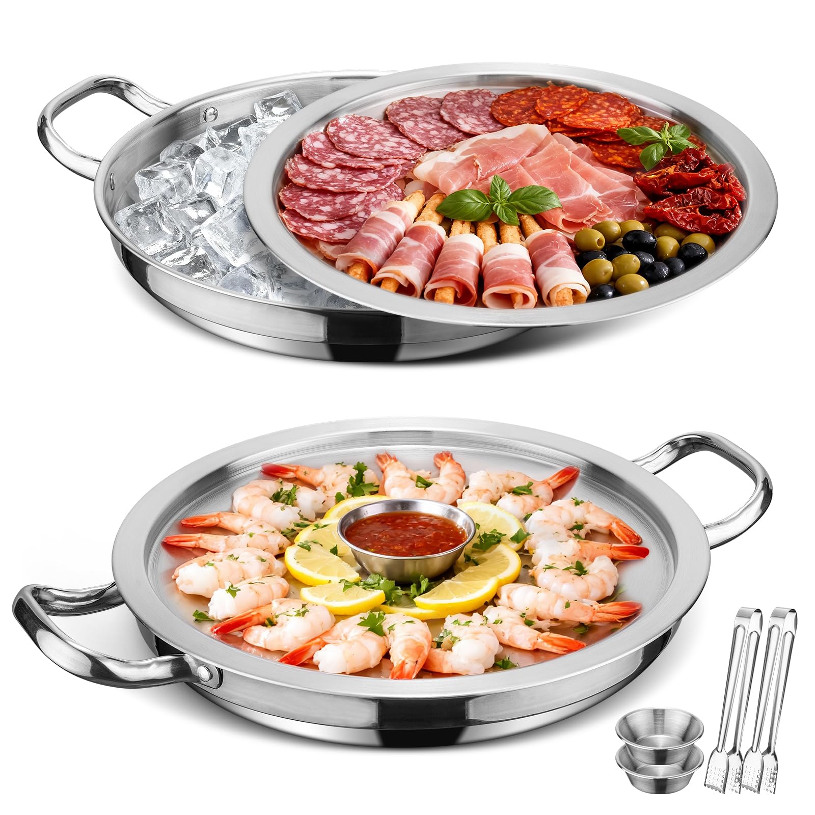 Photo 1 of 2-Set 12 Inch Shrimp Cocktail Serving Dish with Ice Tray, Cold Chilled Serving Trays, Cooling Platter Charcuterie Board for Appetizer Oyster Salad Buffet Parties, Dishwasher Safe, Stainless Steel