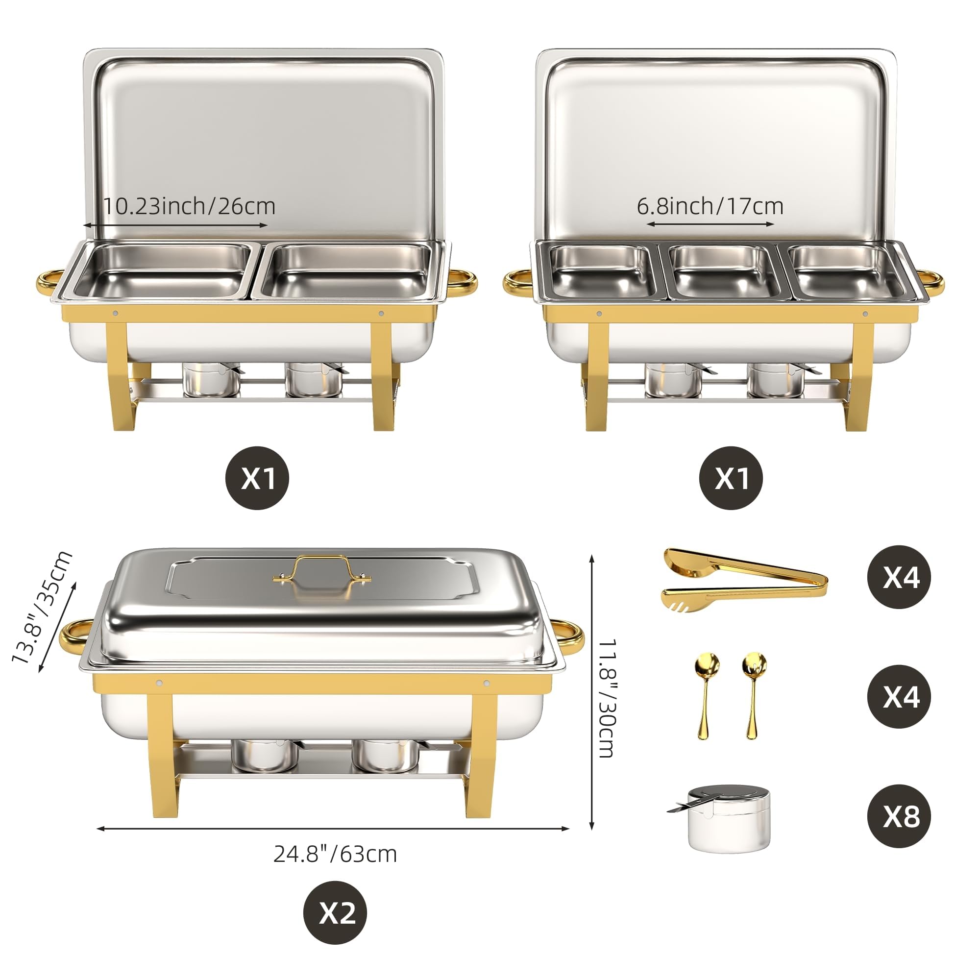 4 Stück Rechteckig Chafing Dish 9QT Edelstahl Warmhaltebehälter | Bain-Marie Heizung, 7 Pfannen, Komplettes Set mit Utensilien, Faltbarer Ständer, Stapelbare, für Kreise, Hochzeit, Catering