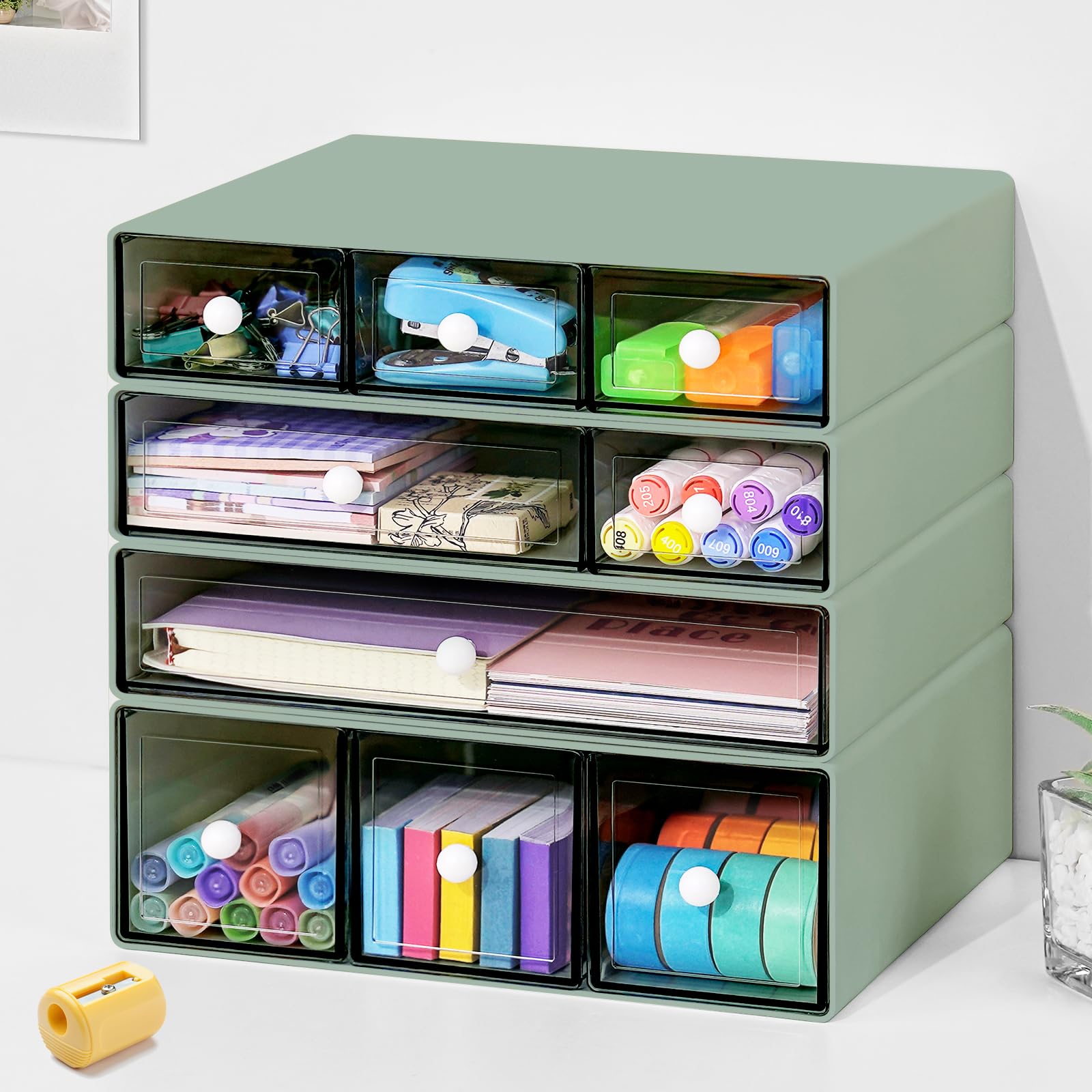 JOENCOST Desk Organizer with 9 Drawers, 4 Tier Plastic Stackable Storage Drawers for Desk Storage, Office Stationary Makeup Organizer Suit for Home Office and School