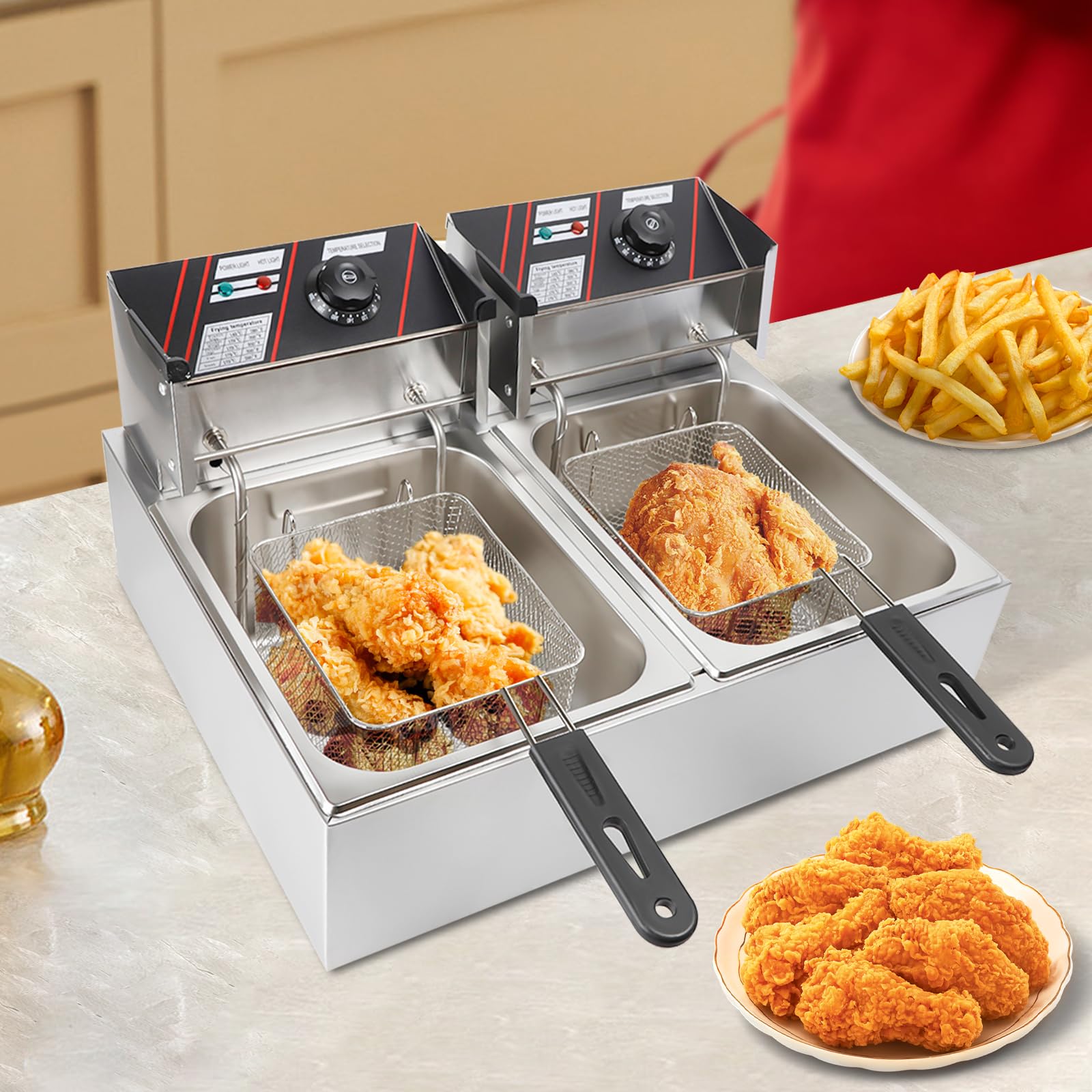 Elektrische Dubbele Friteuse, 2 x 6 Liter van Roestvrij Staal - 5 kW Snelverwarming voor Commercieel Gebruik