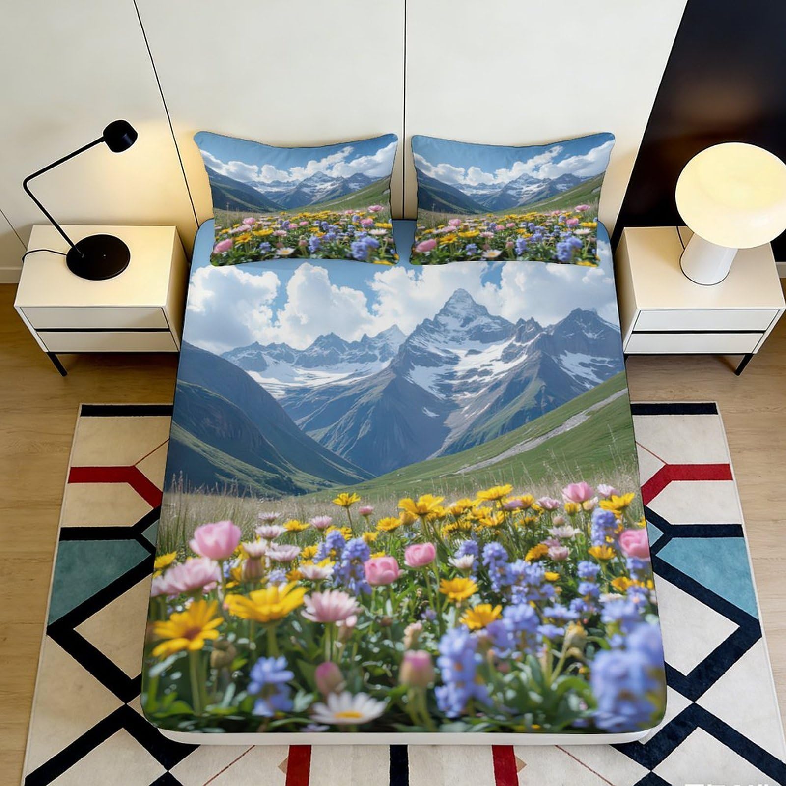 Jqzkxnhpbr Style-10 3D Printed Alpine Meadow Fitted Sheet Microfiber Soft Scenic Mountain Bed Cover For Bedroom Guest Room Decor 90X200x25cm