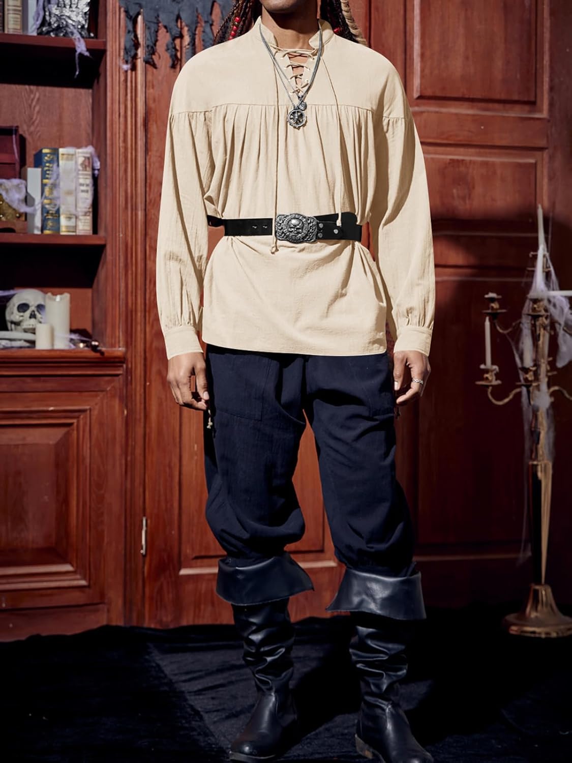 Runcati Mens Medieval Pirate Shirt Steampunk Viking Renaissance Long Sleeve Lace Up Scottish Halloween Costume Tops - Image 4