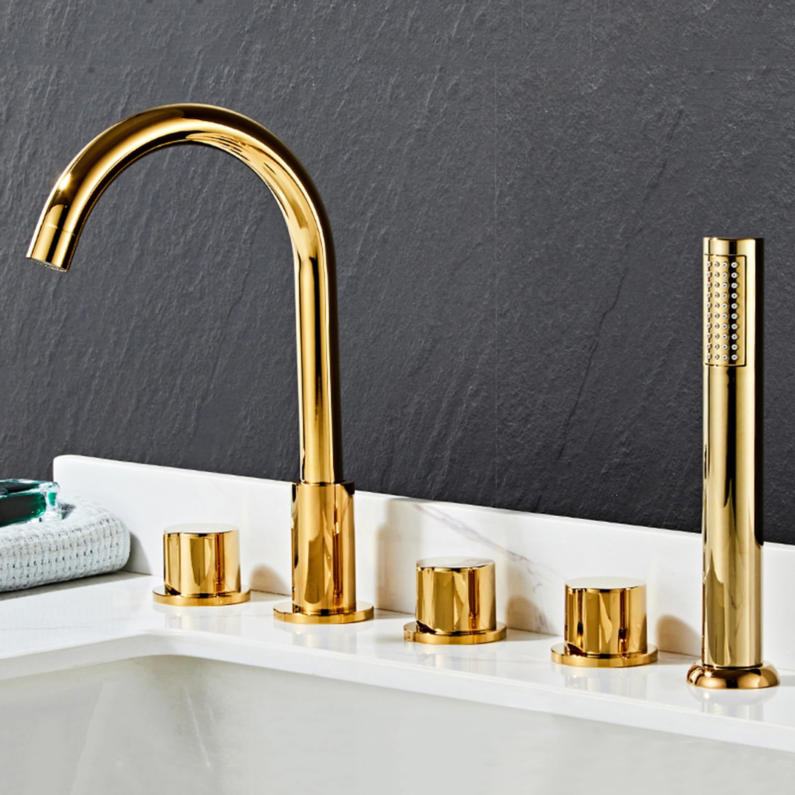 SnamicE Bath Shower Mixer Taps Deck Mounted Spout Rotating Tap Shower Head and Hose Set for Bath Taps Black,Gold