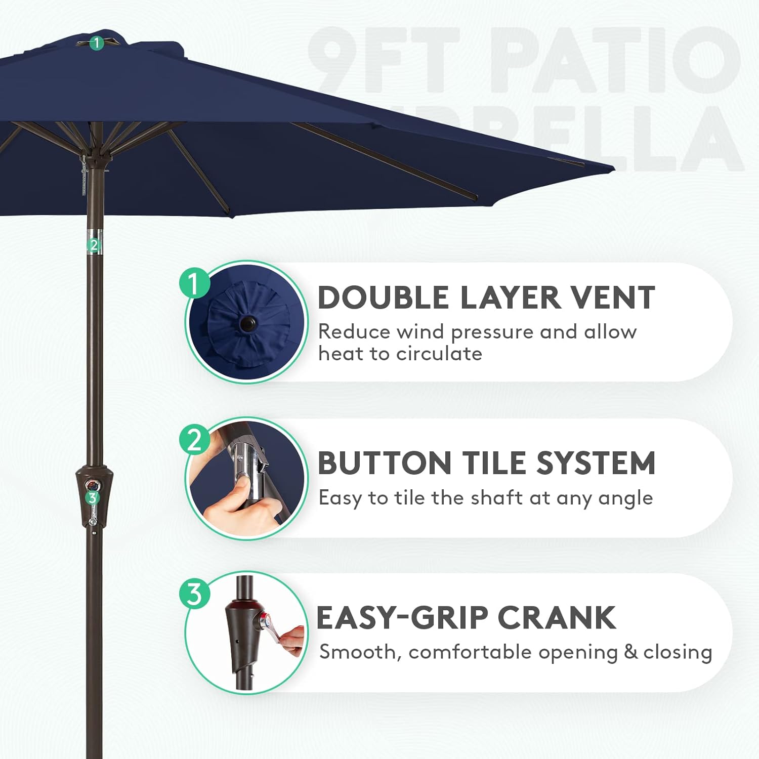 JEAREY 9FT Outdoor Patio Umbrella Outdoor Table Umbrella with Push Button Tilt and Crank, Market Umbrella 8 Sturdy Ribs UV Protection Waterproof for Pool, Deck, Backyard, Garden (Navy Blue)