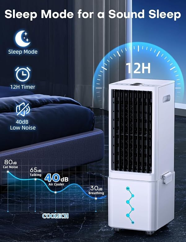 COOLECH Windowless Air Conditioner w/ 4 Modes & 3 Speeds, Waterless Alert, 2.4-Gal Tank for 20H Cooling, 12H Timer, 20FT Remote, 70° Auto Swing Evaporative Air Cooler, Portable AC Unit for Bedroom by COOLECH - Image 15
