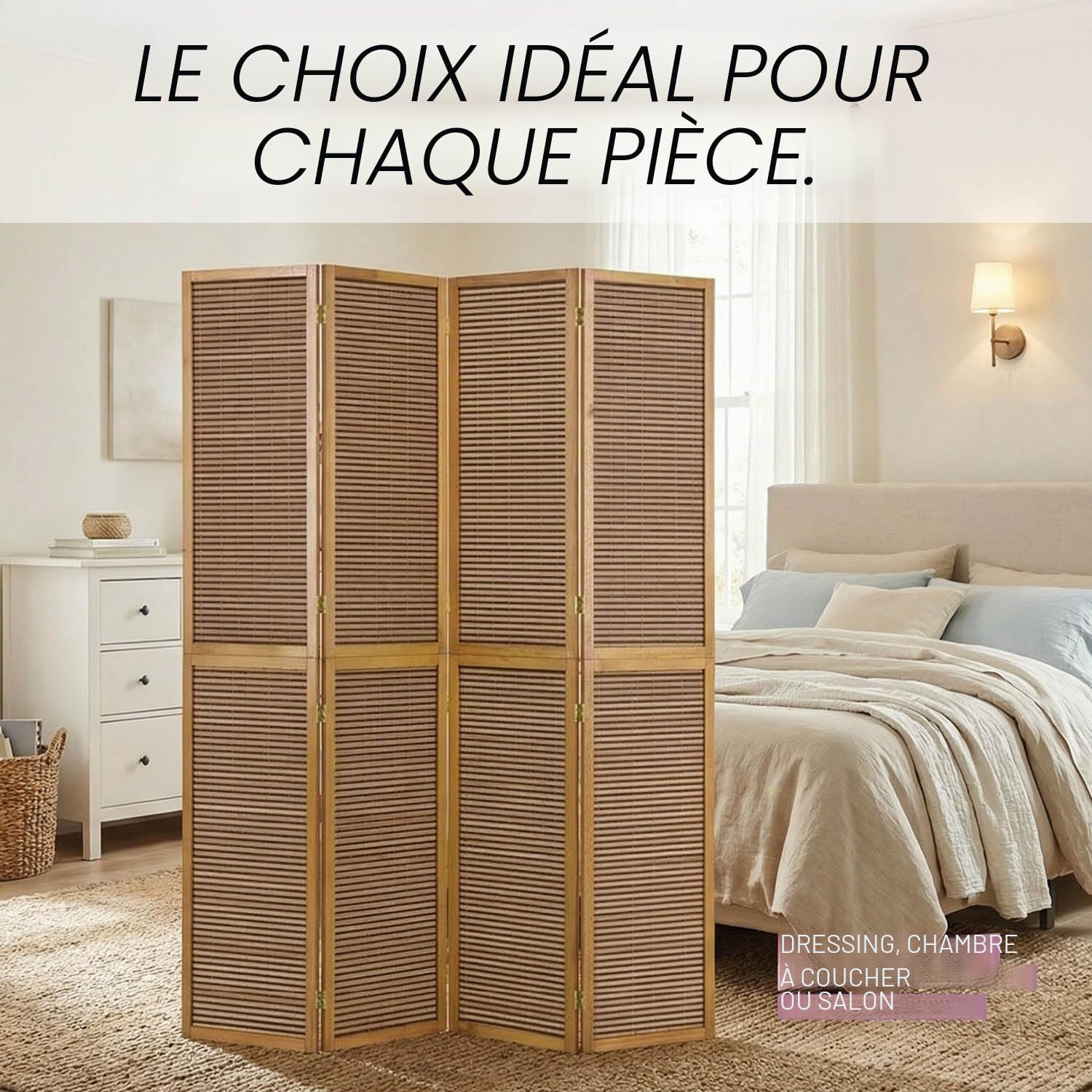Homestyle4u Paravent Interieur Hauteur 200 cm du Bambou en Brun Clair 4 Panneaux séparateur de pièce décoratif