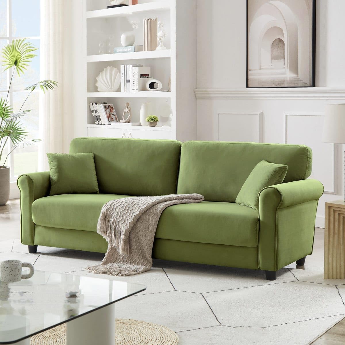 Modern 3 Seater Velvet Sofa Couch for Living Room | Comfortable Fiberfill Cushions, Rolled Armrest, Stylish Upholstered Sofa for Home & Office (Light Green)-image-23