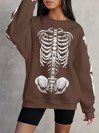 Women Gothic Skeleton Sweatshirt Punk Oversized Skull Graphic Sweater Y2K Halloween Long Sleeve Hoodies Pullover