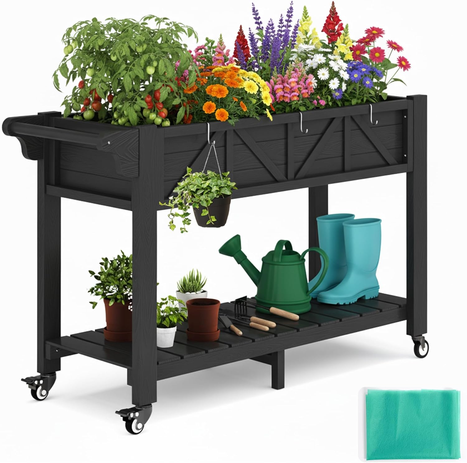 HIPS All-Weather Raised Garden Bed with Legs,47.2"L x 17.3"W x 29.7"H Large Elevated Planter Box with Wheels & Handle,Raised Bed Planters with 3 Hooks & Non-Woven Liner for Vegetables Flower Herb