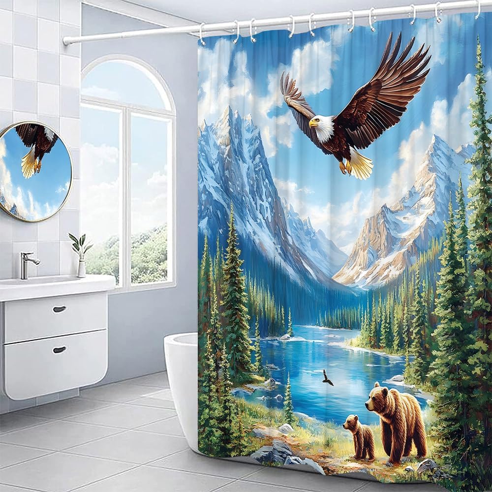 Rustic Farmhouse Shower Curtain Forest Bear Cabin Country Wild Animal Eagle Lake Mountain Camping Bathroom Curtains Polyester Fabric Set with Hooks 118Wx70H Inch