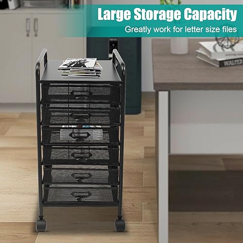 Miniatura 3 de Carro de archivos abierto de malla con cajones de almacenamiento, carrito de almacenamiento rodante con ruedas giratorias de 360, organizador de