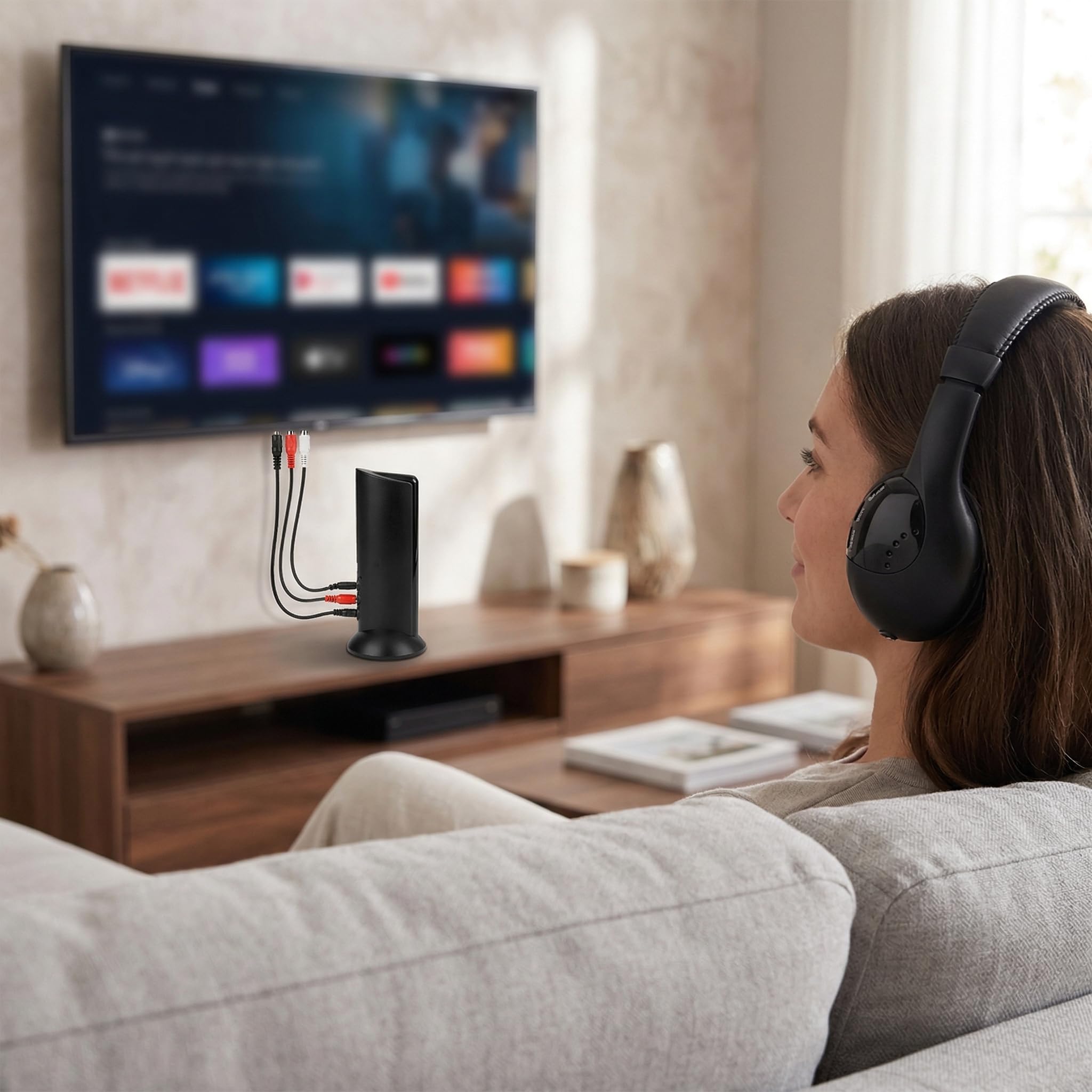 DOITOOL 5-in-1 Funkkopfhörer für Fernseher Kabellos - Over-Ear Kopfhörer mit Radio - Drahtloser TV Kopfhörer ohne Kabel - Plug & Play R-F Basisstation mit Mikrofon für PC und Stereoanlage Schwarz