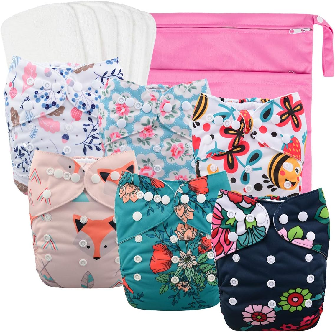 Babygoal Reusable Cloth Diapers for Girls, Adjustable Washable Nappy 6pcs+ 6pcs Microfiber Inserts+One Wet Bag 6YDG08