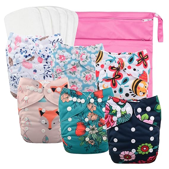 babygoal Reusable Cloth Diapers for Girls, Adjustable Washable Nappy 6pcs+ 6pcs