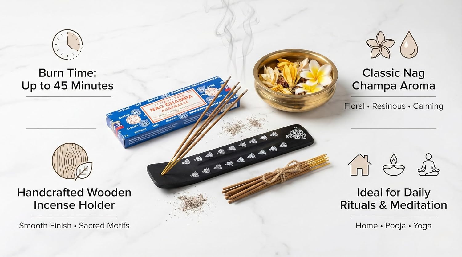 Wooden Holder with Nag Champa 250 GMS Incense Gift Set with Wooden Holder Hand-Rolled Agarbatti | Long-Lasting Floral Aroma for Pooja, Meditation & Home Fragrance