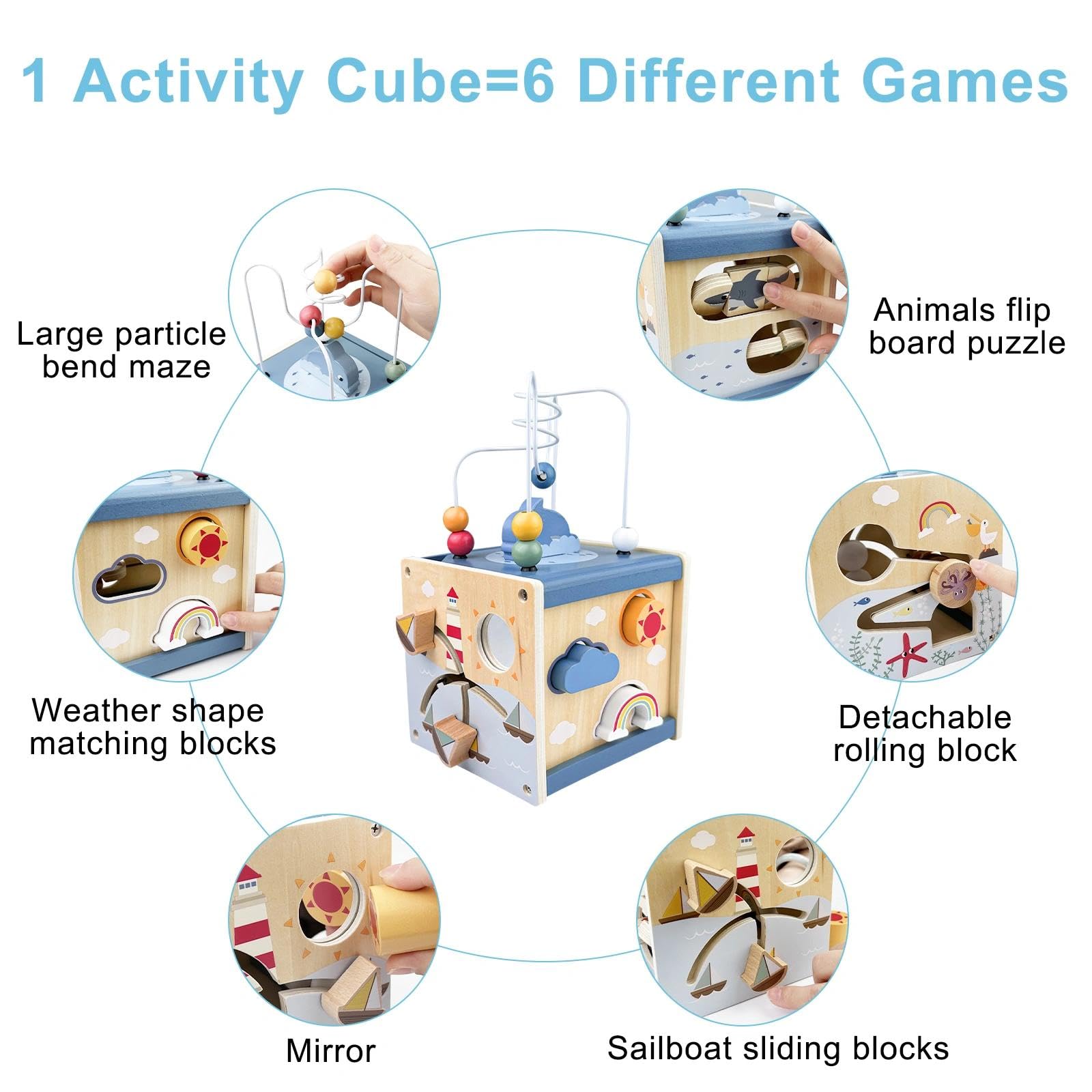 Cube d'Activité, 6 en 1 Jouet en Bois, Cube de Motricité avec Labyrinthe de Perles, Jouet d'apprentissage Montessori en Bois pour Enfants Plus 12 Mois