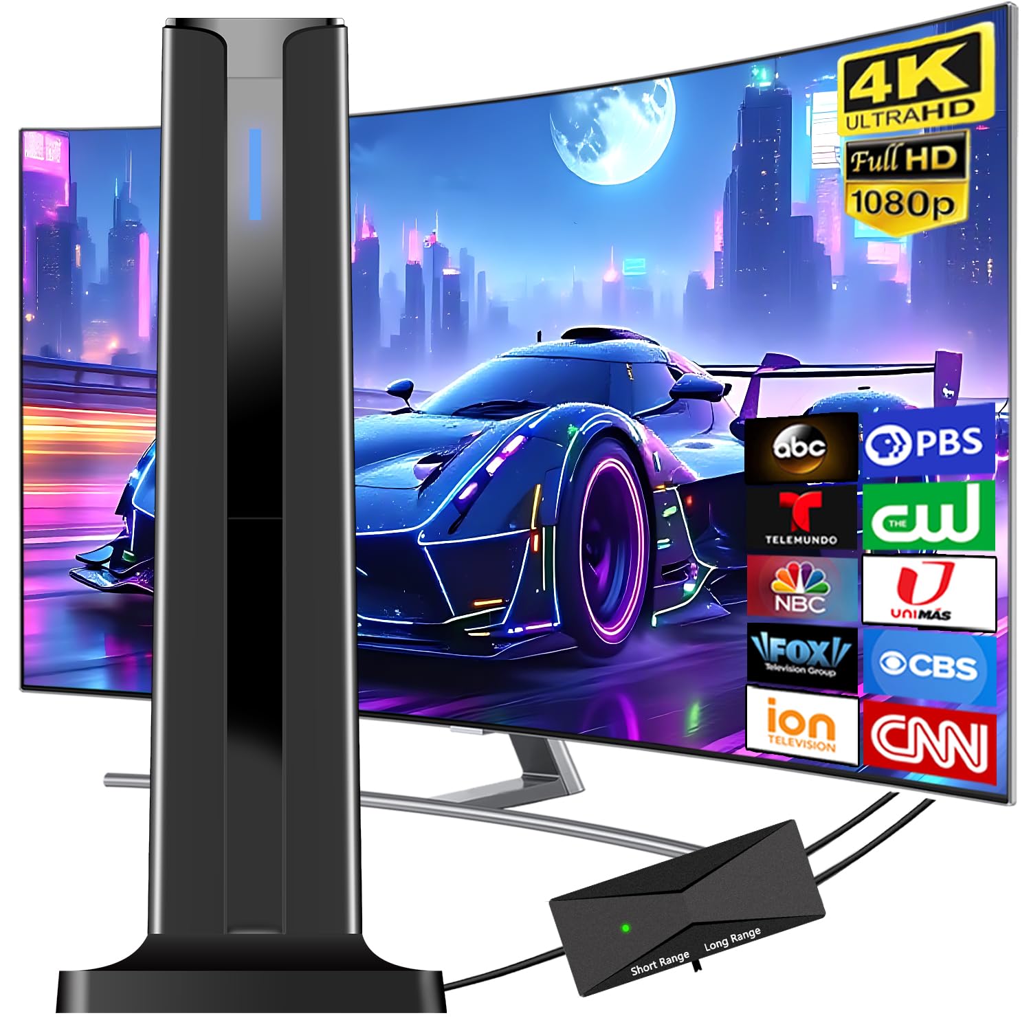 Antenne TV pour Smart TV d'intérieur, antenne TV numérique d'intérieur avec base magnétique puissante à 360° et réception longue portée pour chaînes locales, antenne facile à installer pour TV sans