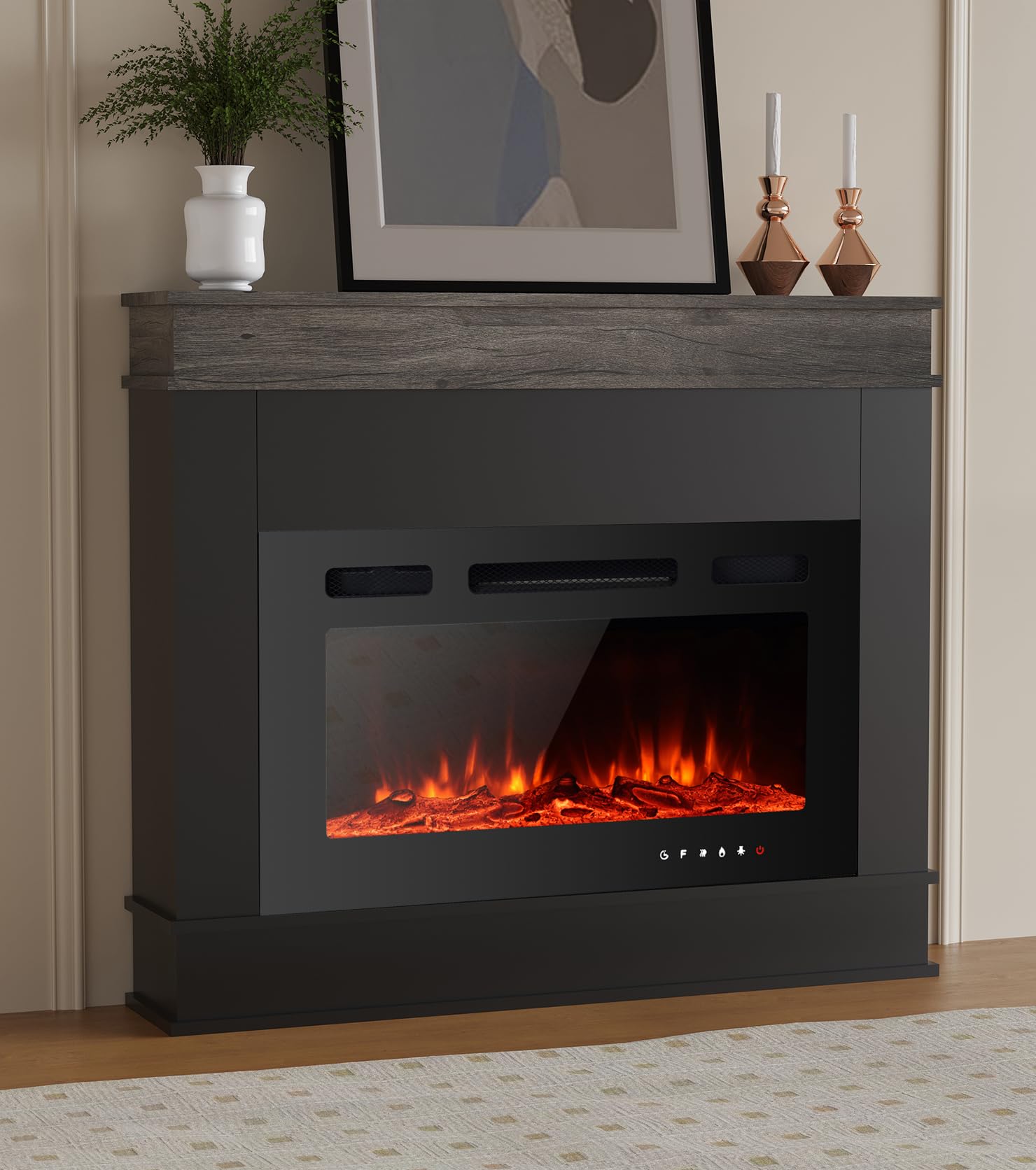 Maxhonor Electric Fireplace Inserts Freestanding Heater for The Living Room Floating Fireplace with 12 LED Colors with Logset and Stones,1500W/750W (30inch with Mantel,Black)