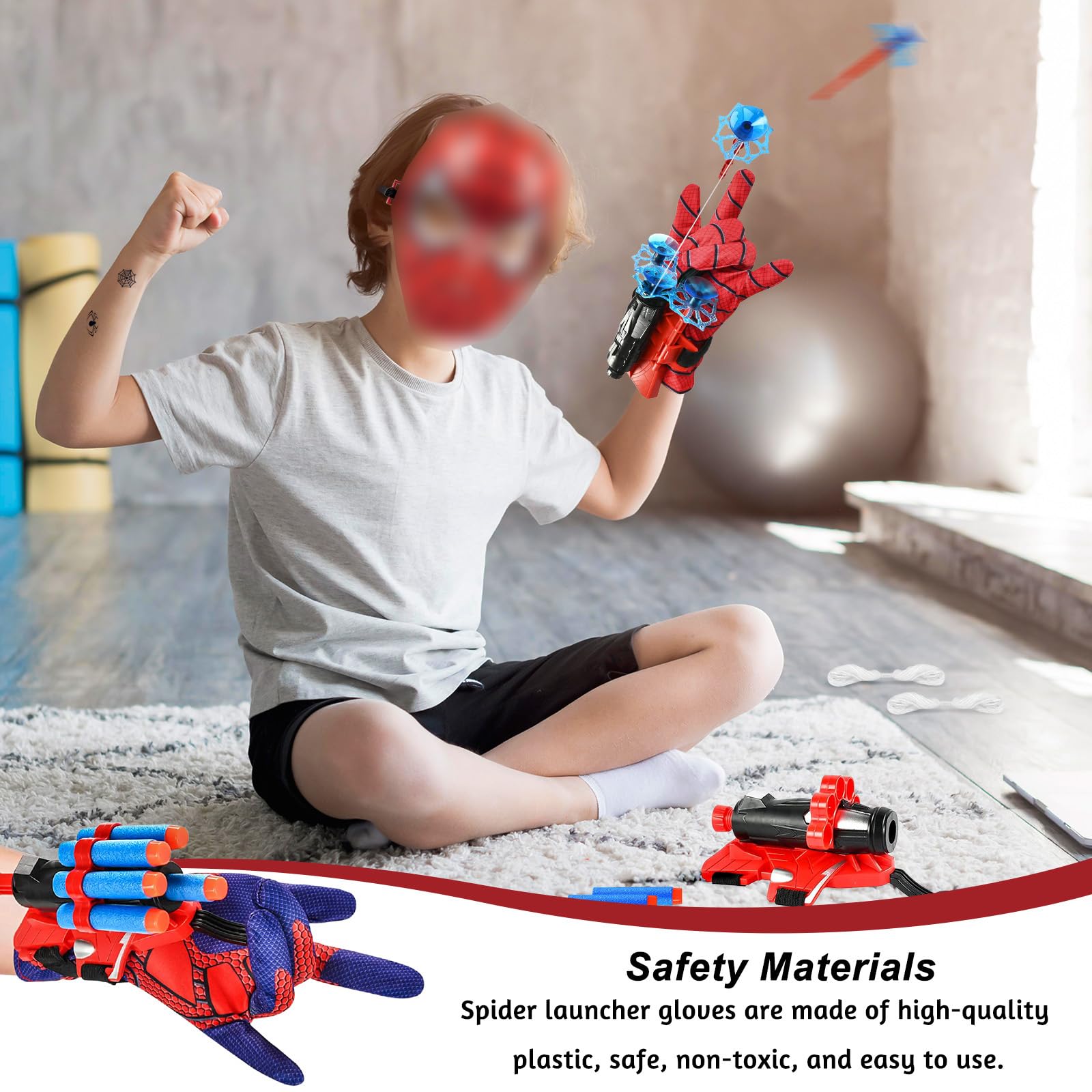 NHYDZSZ Set di 2 Guanti Spiderm per Bambino, Giochi Spiderm con Launcher e Maschera, Giocattolo da Polso, Spara Ragnatele Cosplay, Regalo Eroe per Feste e Compleanni, Giochi Bambino 5-10 Anni