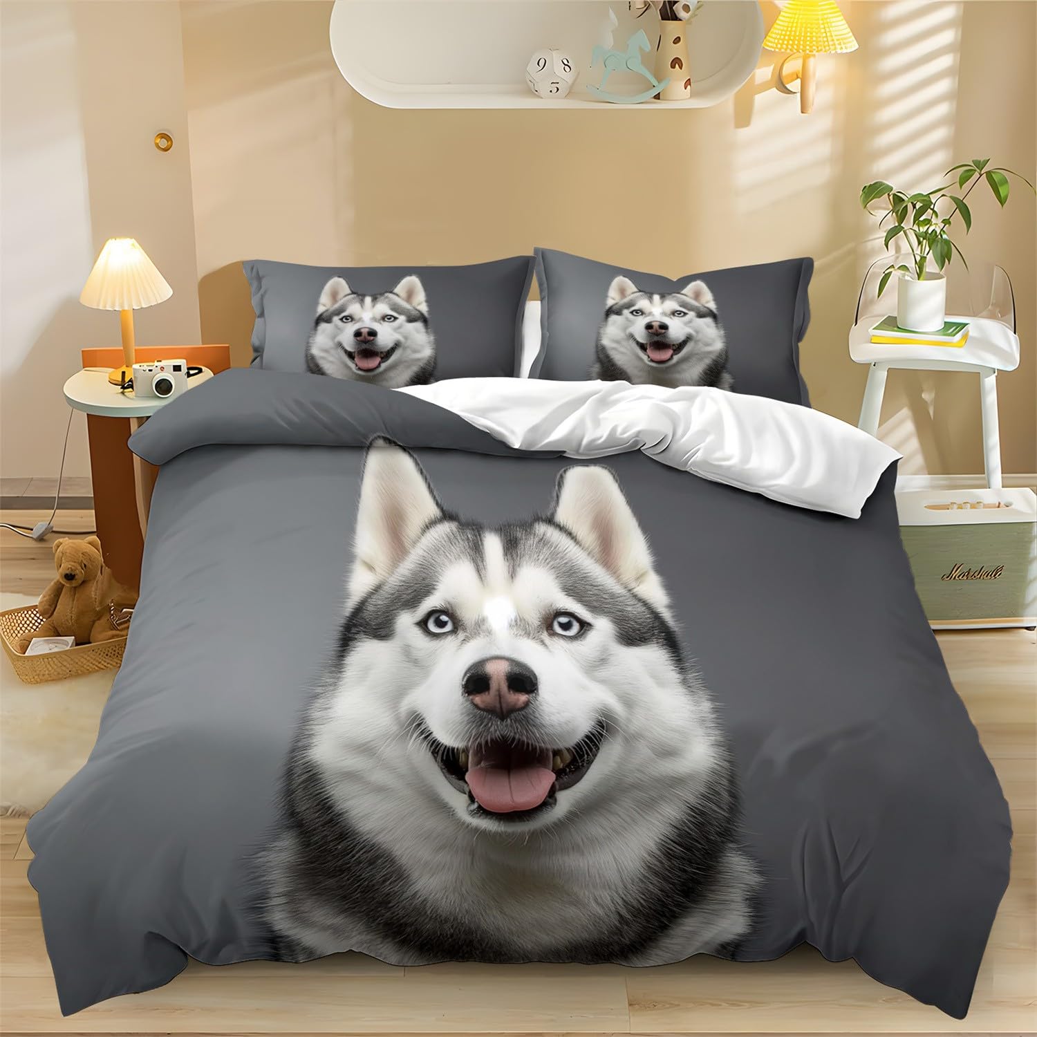 Husky-Porträt luksusowy zestaw pościeli z szarą pościelą, z mikrofibry, z zamkiem błyskawicznym i 2 poszewkami na poduszkę 260 x 220 cm