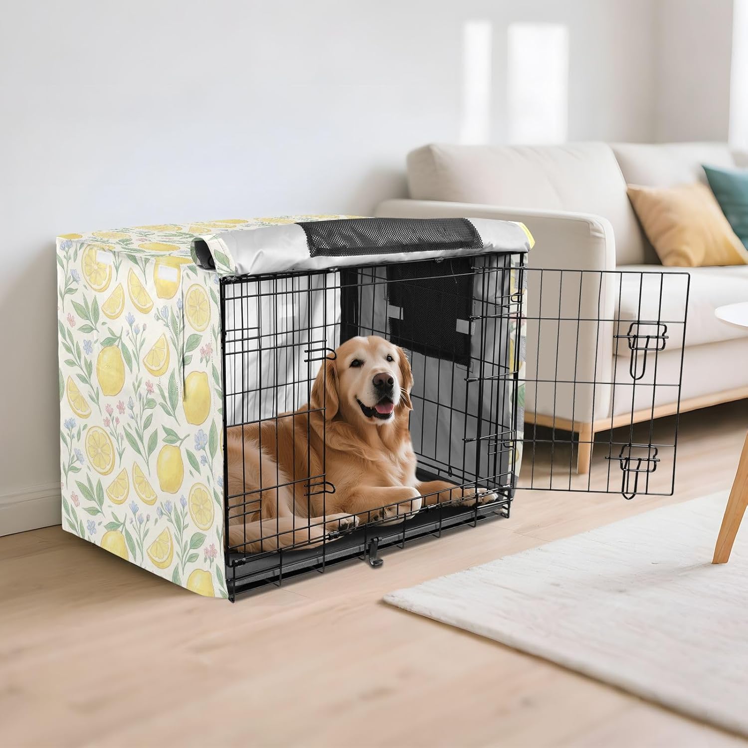 Duty 600D Silver Coated Dog Crate Cover, Water-Resistant Lemon Print Pet Kennel Canopy with Mesh Windows for Optimal Ventilation, Universal Fit for Standard Wire Cage, Indoor & Travel