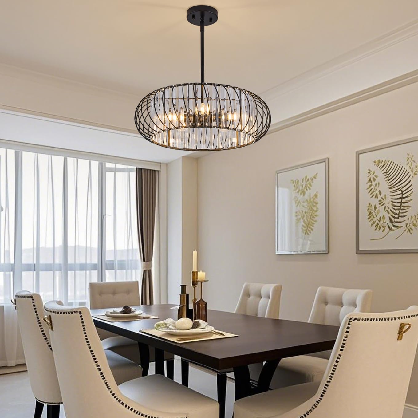 5-Light Semi Flush Mount Ceiling Light, Metal Cage Hallway Ceiling Lamps, Farmhouse Ceiling Light Fixture, Industrial Crystal Chandelier for Corridor Bathroom Kitchen (Black, 19 Inch)