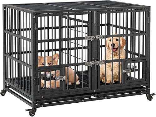 Miniatura 6 de Jaula para perros resistente de 42 pulgadas, jaula de metal grande para perros medianos y grandes con puertas dobles, ruedas con bloqueo de 360,