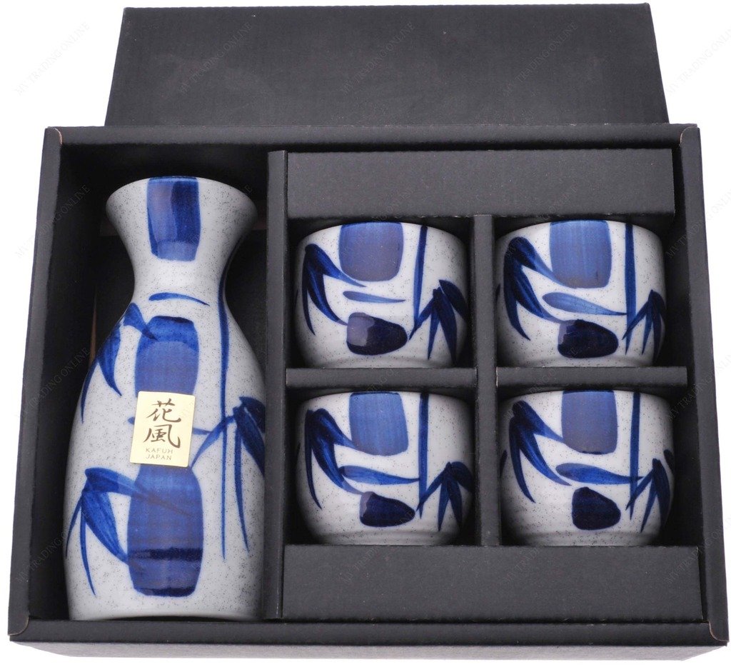 Kafuh MSE70WBV Japanese Porcelain Sake Set with Blue Bamboo, Bottle: 4.50