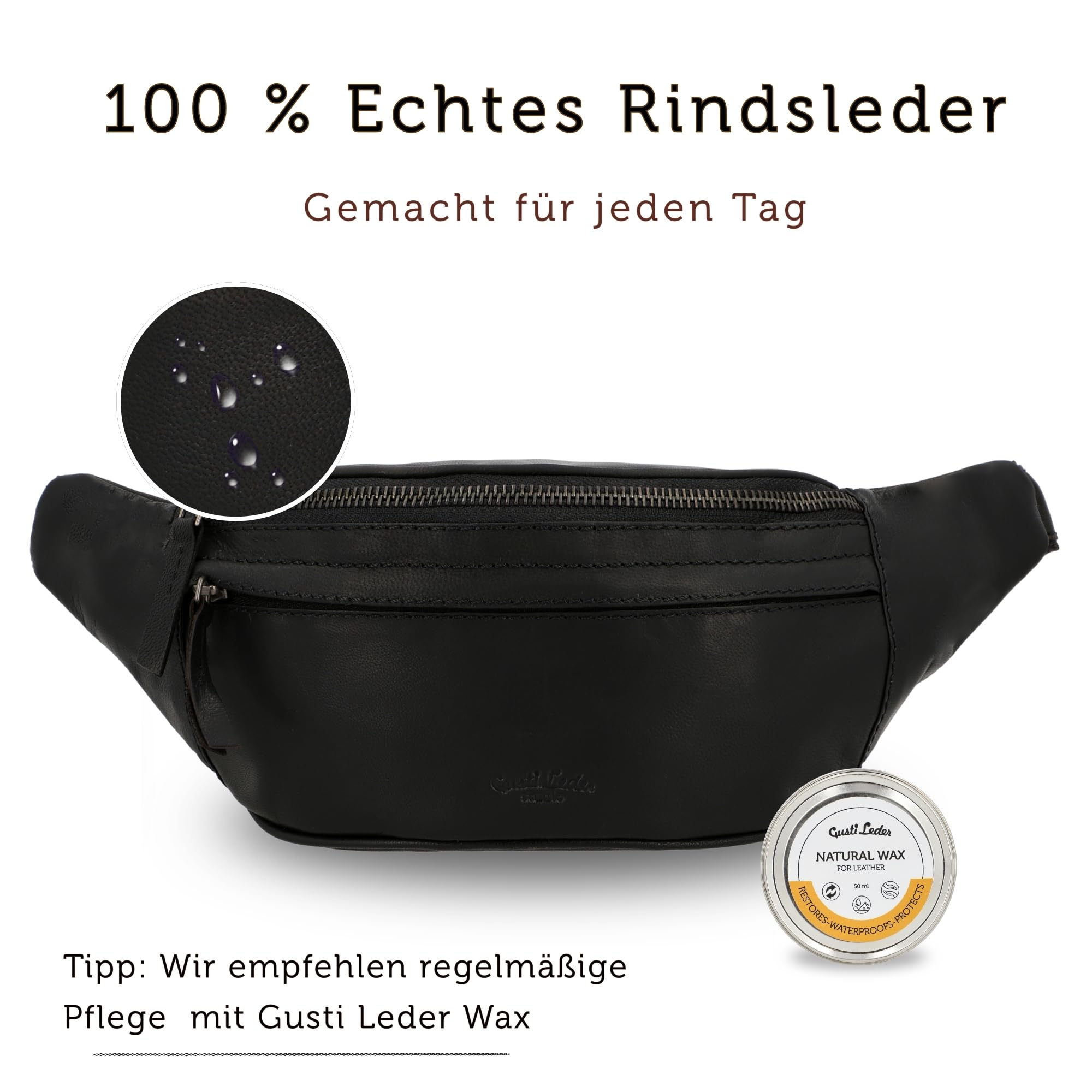 Gusti Bauchtasche Leder Schwarz – Hochwertige Gürteltasche Damen Herren, Verstellbarer Gurt, Viel Stauraum, Unisex Crossbody Bag, Bauchtasche Leder Schwarz Echtleder