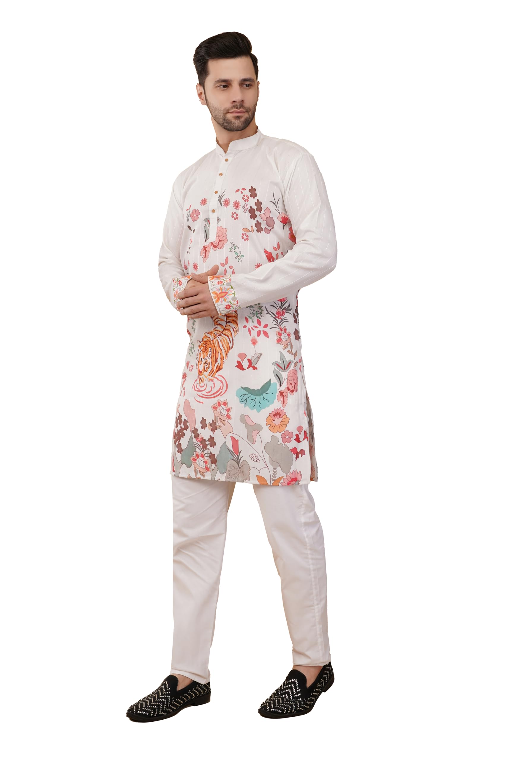 adhirajan Men's Cotton Regular Fit Printed Kurta with Sequence Work | Traditional Indian Festive Kurta | Stylish Comfortable Outfit for Weddings, Casual Outings-picture-24