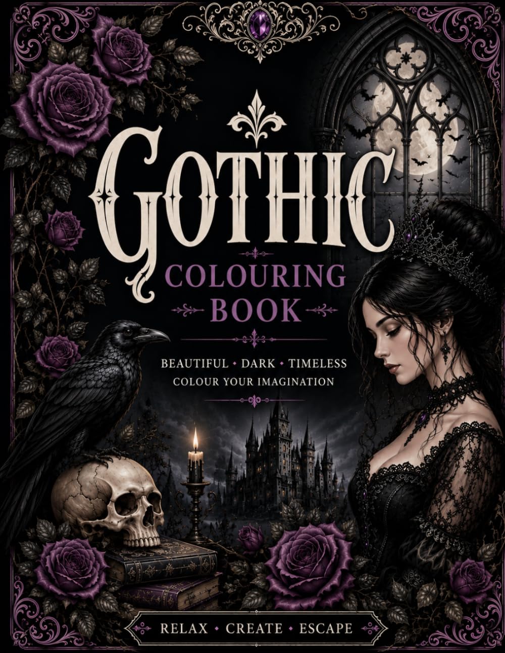 Gothic Fantasy Coloring Book for Adults: Intricate Dark Beauty, Witches, Cats, Ravens & Haunted Worlds