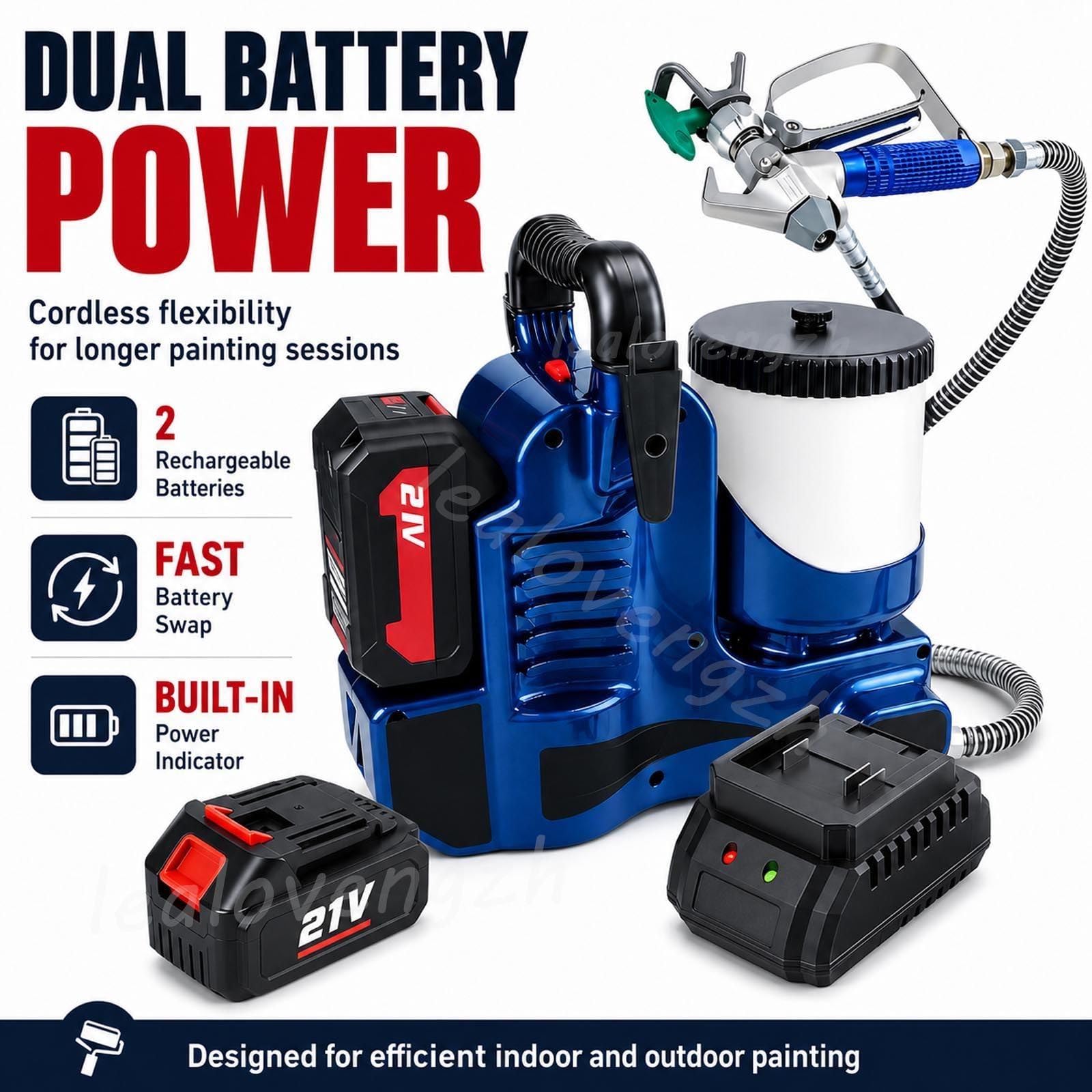 Pulverizador Airless de Alta Presión 550W, Equipo de Pintura con 2 Baterías, Cinturón, Depósito 1,2L y 6 Niveles para Reformas