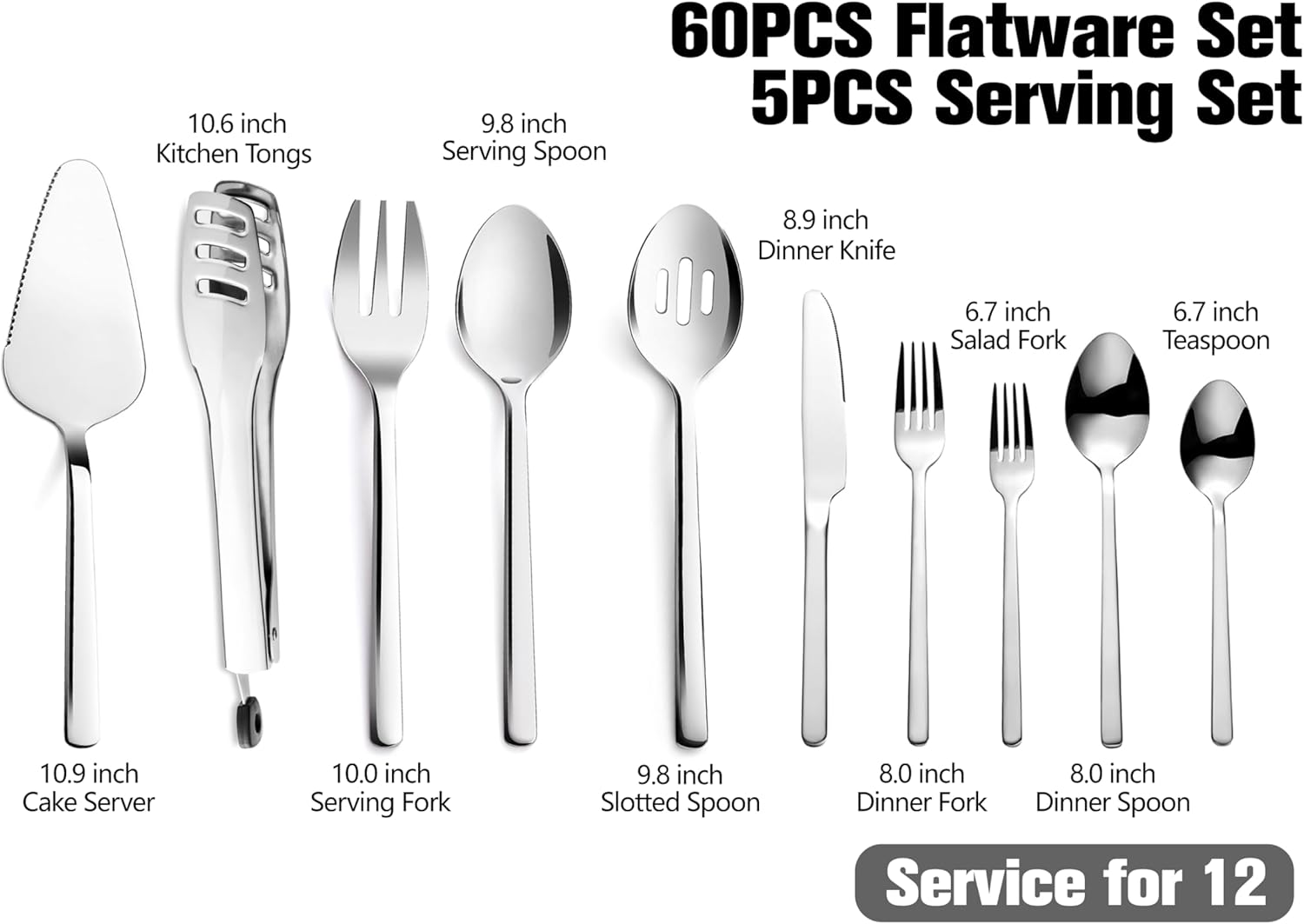 kingstone silverware set with serving utensils, 65 piece flatware for 12, 18/10 cutlery with 5 piece serving utensil set - modern and original design, dishwasher safe silver 65 pieces for 12 with serving utensils