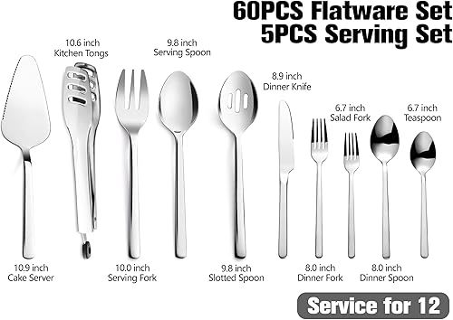 Miniatura 2 de KINGSTONE Juego de cubiertos con juegos de servir, juego de cubiertos de 65 piezas para 12, 1810 con 5 piezas de utensilios de servicio, diseño