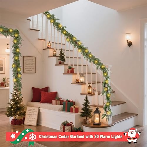 Miniatura 7 de Artgar Guirnalda de cedro y de pino de Navidad, realista, 6 pies, preiluminada con 30 luces cálidas con 8 modos de luz para repisas, escaleras,