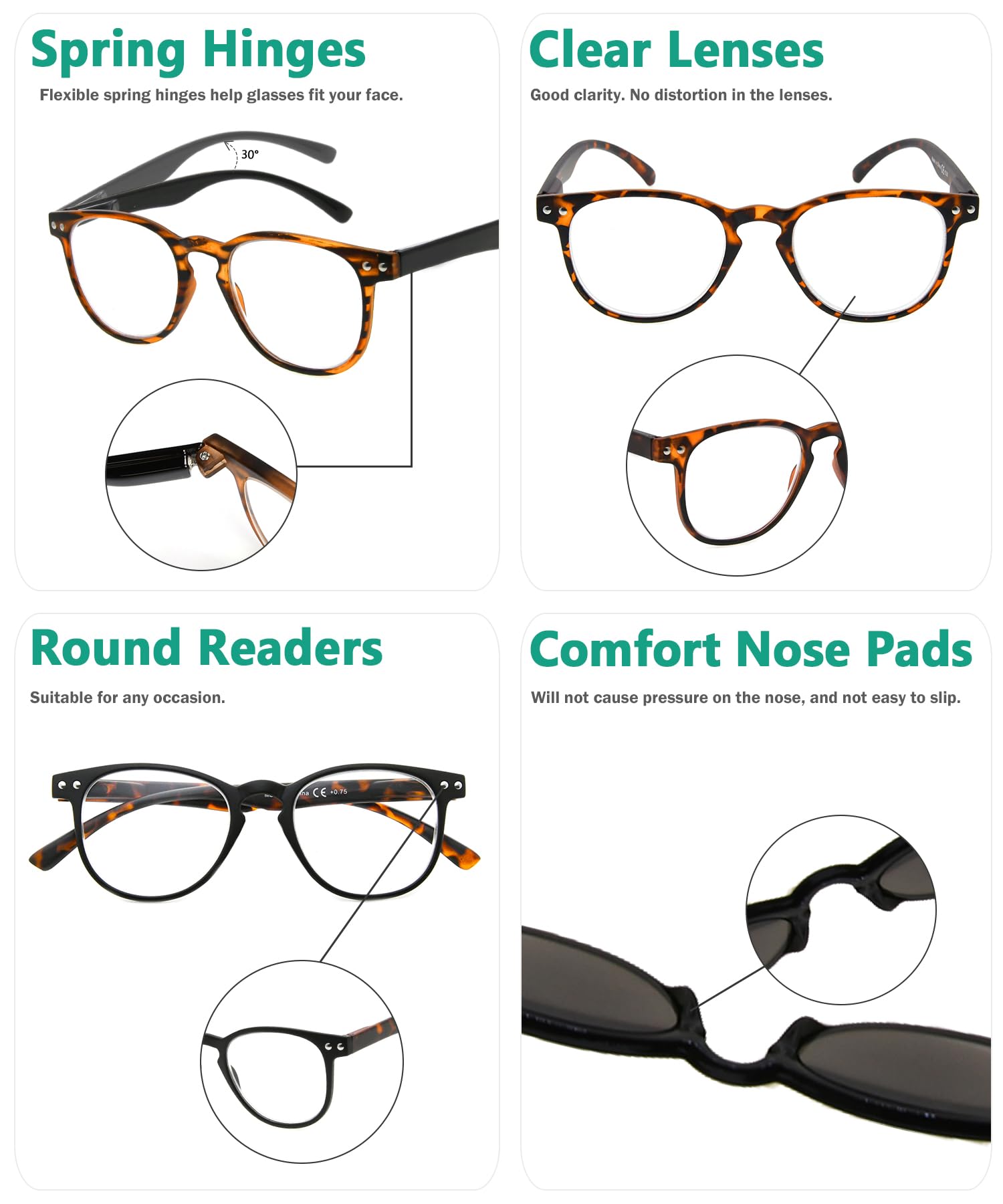 Eyekepper 4-Pack Round Full Coverage Ultrathin Flex Frame Reading Glasses Readers +1.75, 4 works Mix - Image 4