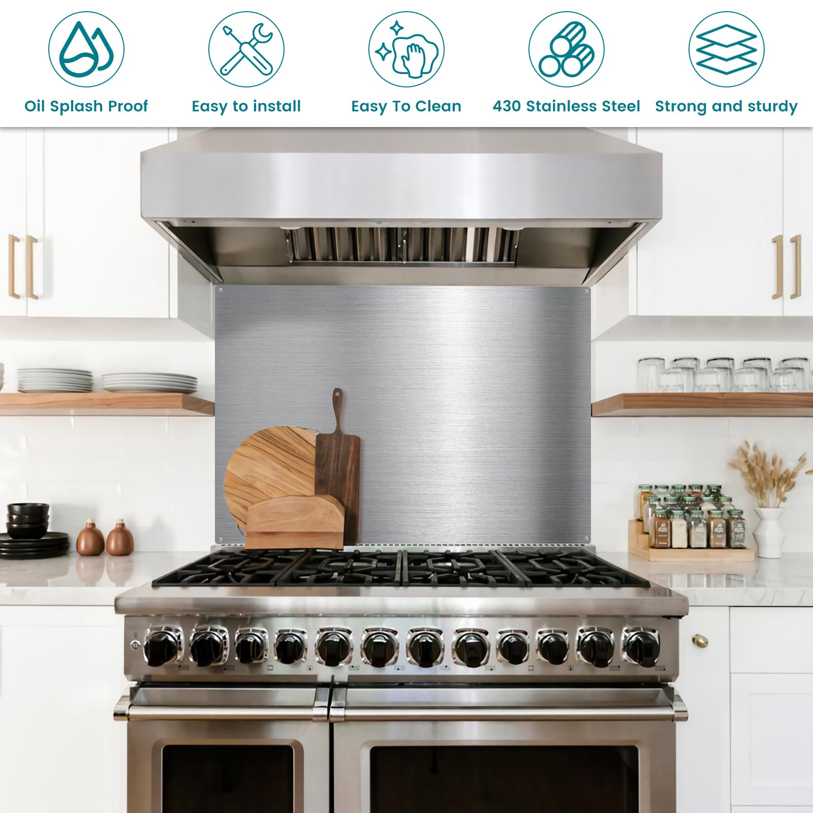 VENFAN 24" x 30" Stainless Steel Backsplash for Stove - Ultra Flat Metal Splatter Guard for Kitchen Wall, Stove Backsplash Panel with 4 Pre-Drilled Holes, Easy Install — view 4