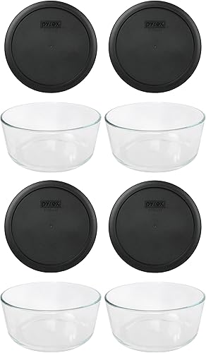 Miniatura 1 de Pyrex (4) cuencos de vidrio 7203 y (4) tapas negras Pyrex 7402-PC fabricadas en los Estados Unidos