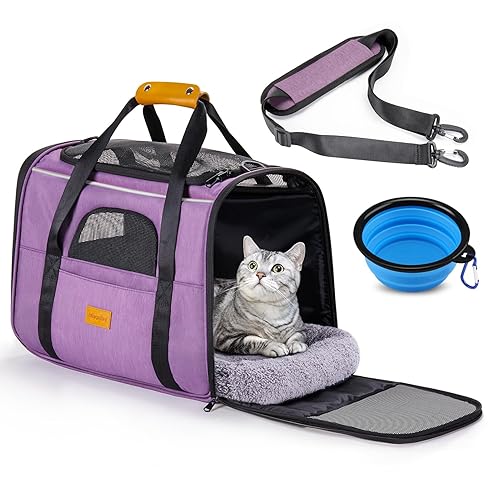 Morpilot Cat Carrier - Airline Approved Pet Carrier, Portable Dog Bag with Breathable Mesh, Adjustable Shoulder Strap, and Bowl - Small Travel Cage in Pink - 44 cm L x 31 cm W x 34 cm H - Pink