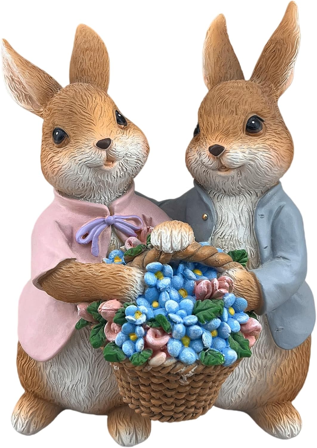 Rabbit Couple Statue with Flower Baskets Decor Resin Animal Garden Figurines Easter Sculptures Birthday Decorative for Spring Party Supplies Home Garden Outdoor Statues, Yard Decorations (Brown)