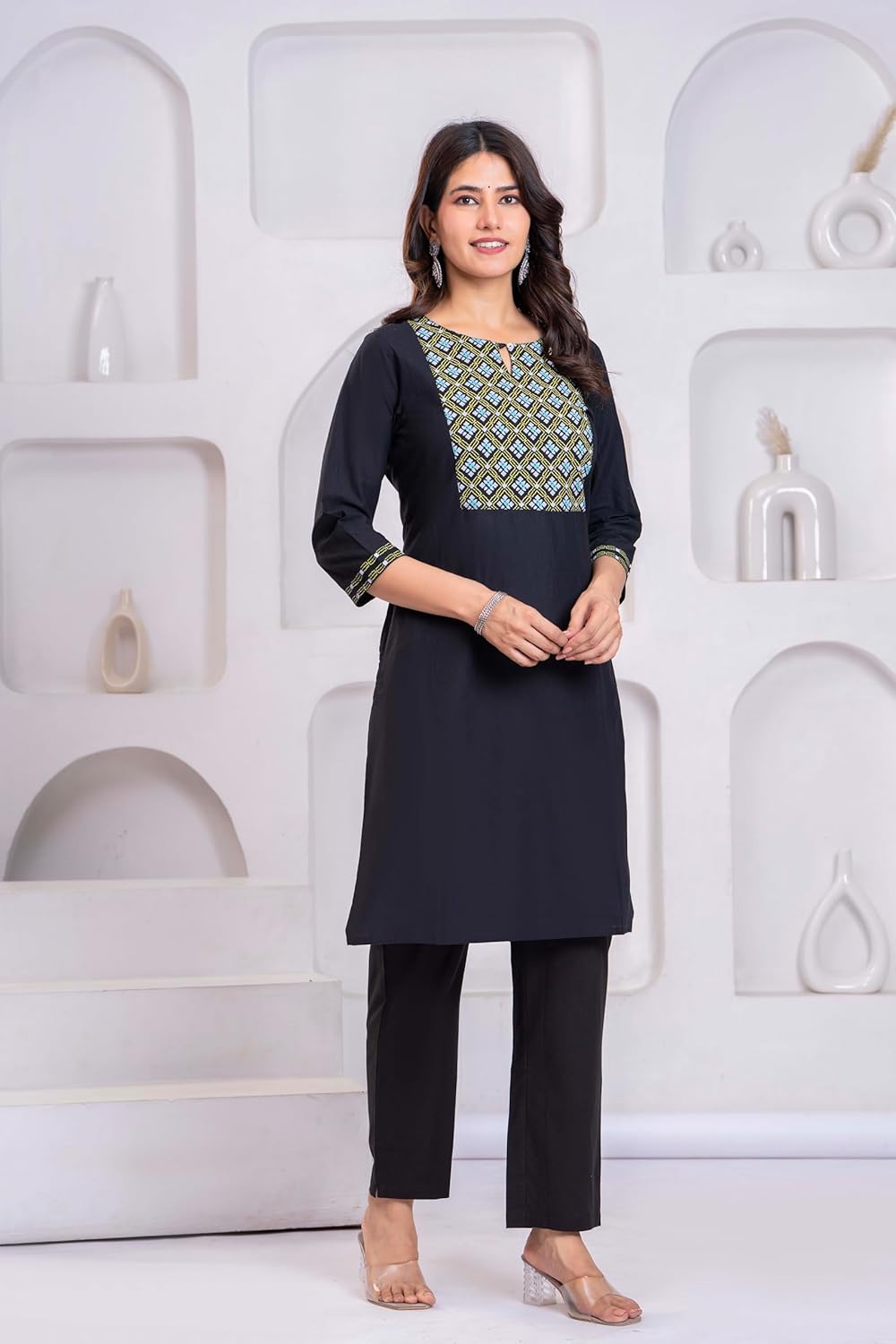 JG JAI GOVINDAM Women's Kurta Set with Printed Yoke – Cotton Blend 3/4 Sleeve Kurti – Indian Ethnic Suit