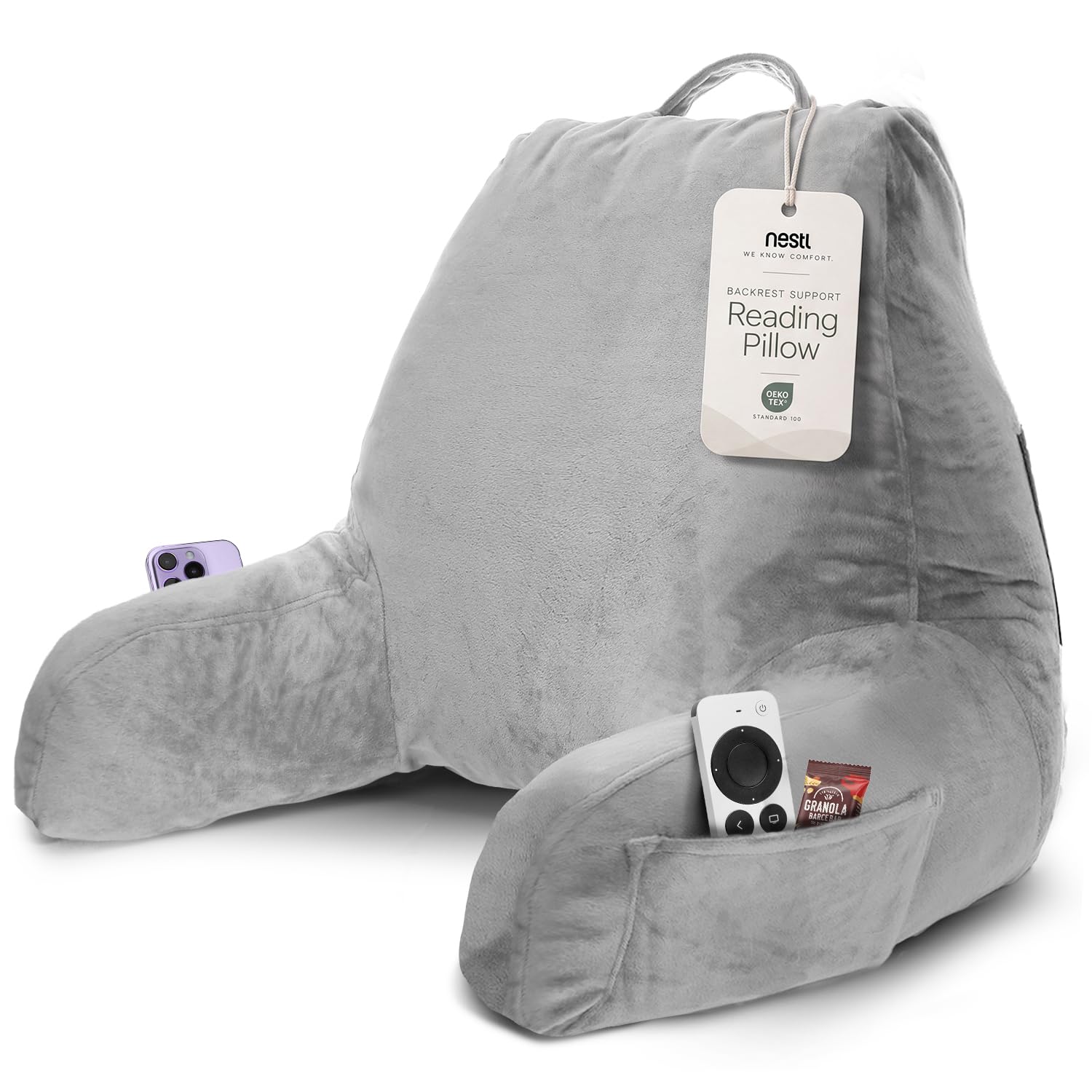 Nestl Reading Pillow for Bed, Back Pillow for Sitting Up in Bed, Light Grey